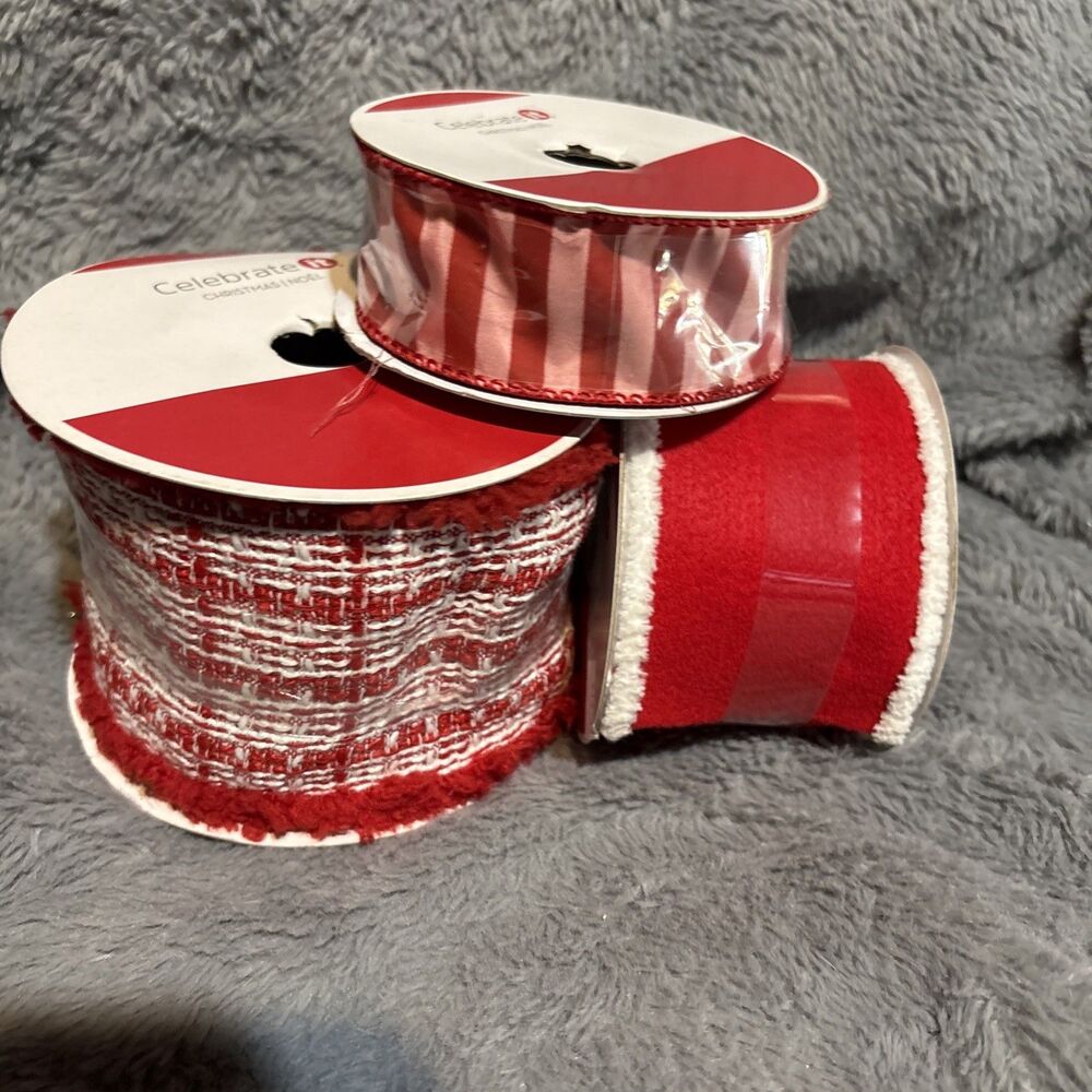 Celebrate it Christmas Wired Ribbon Lot 3 Red White Tweed Santa Red Pink Stripes